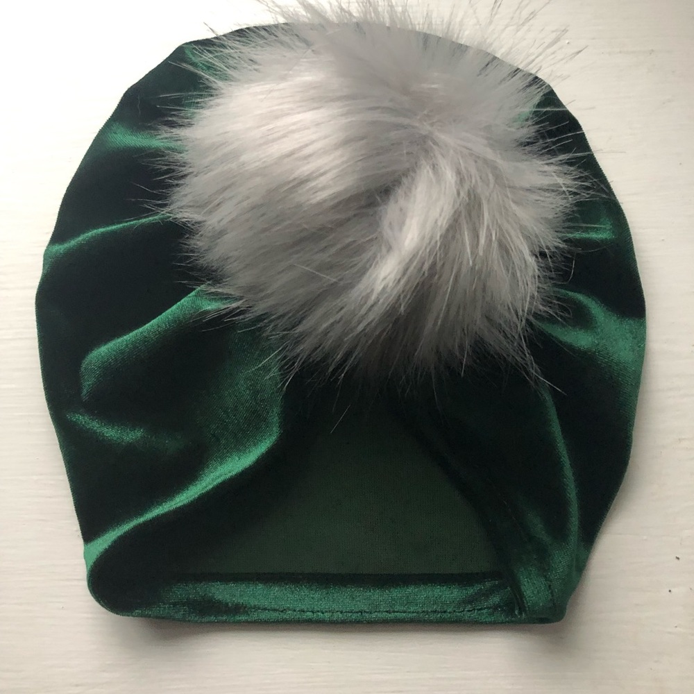 GREEN Velvet turban hat with grey Pom Pom